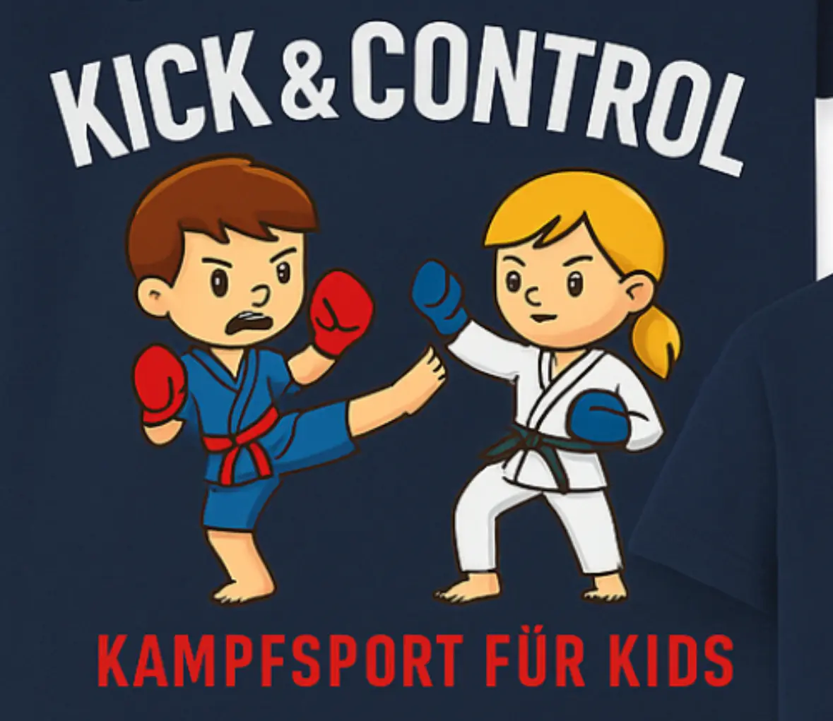 Illustration von zwei Kindern in Kampfsportanzügen, die Kickboxen üben. Ein Kind trägt einen blauen Anzug, das andere einen weißen.