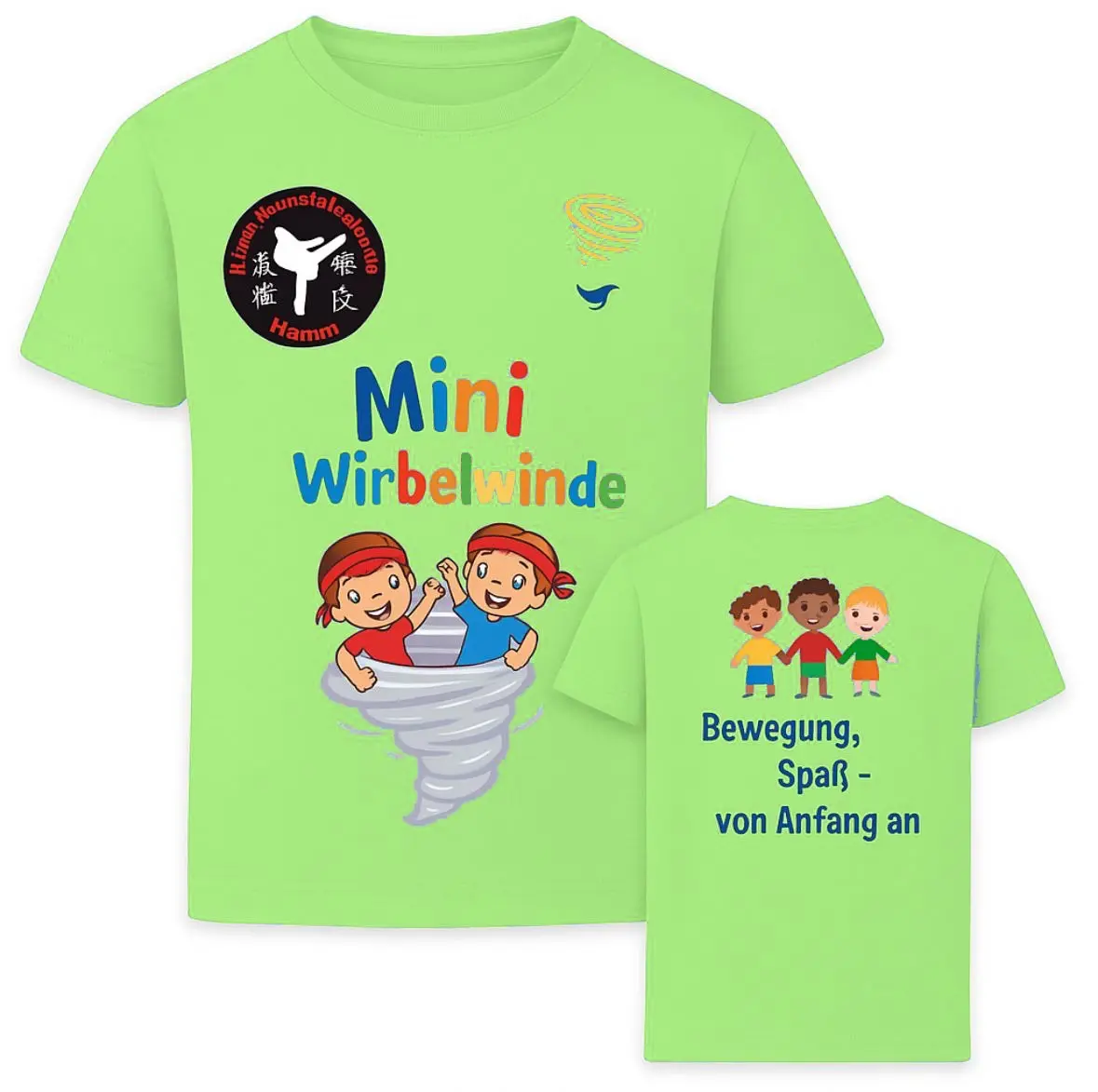 Grünes T-Shirt mit buntem Mini Wirbelwinde Motiv und Text auf Vorder- und Rückseite.