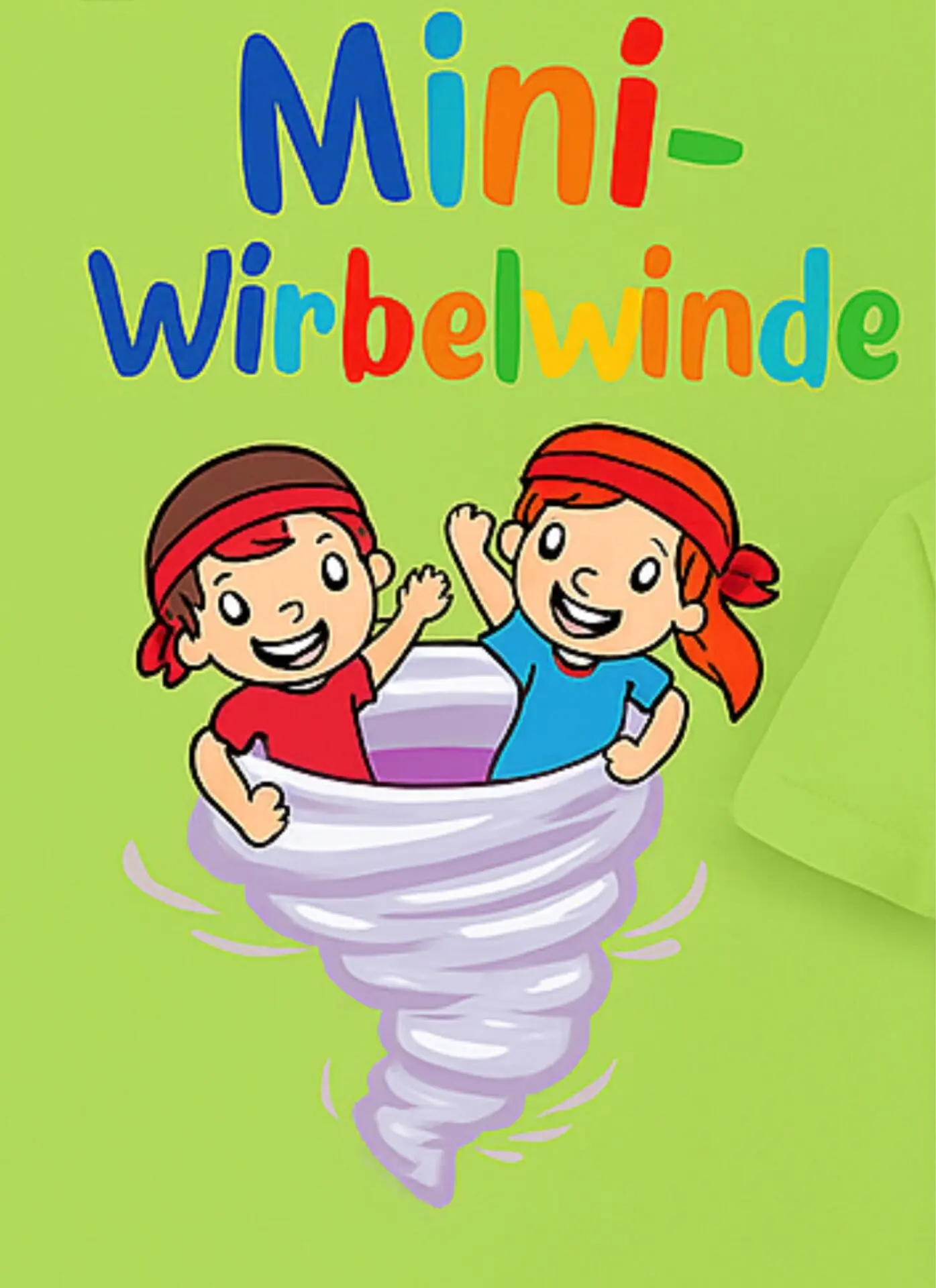 IMG_8804 Illustration von zwei Kindern, die in einem Wirbelwind stehen, auf einem grünen T-Shirt.