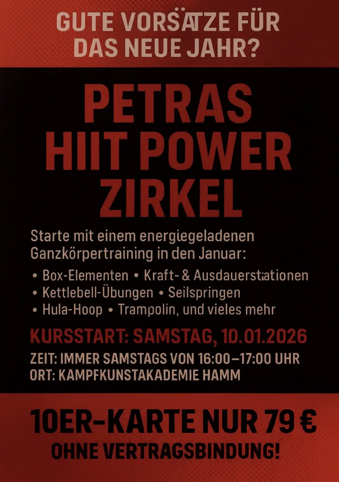 Plakat mit Informationen zu Petras HIIT Power Zirkel, einschließlich Kursstart, Zeiten und Preisdetails für das Training.