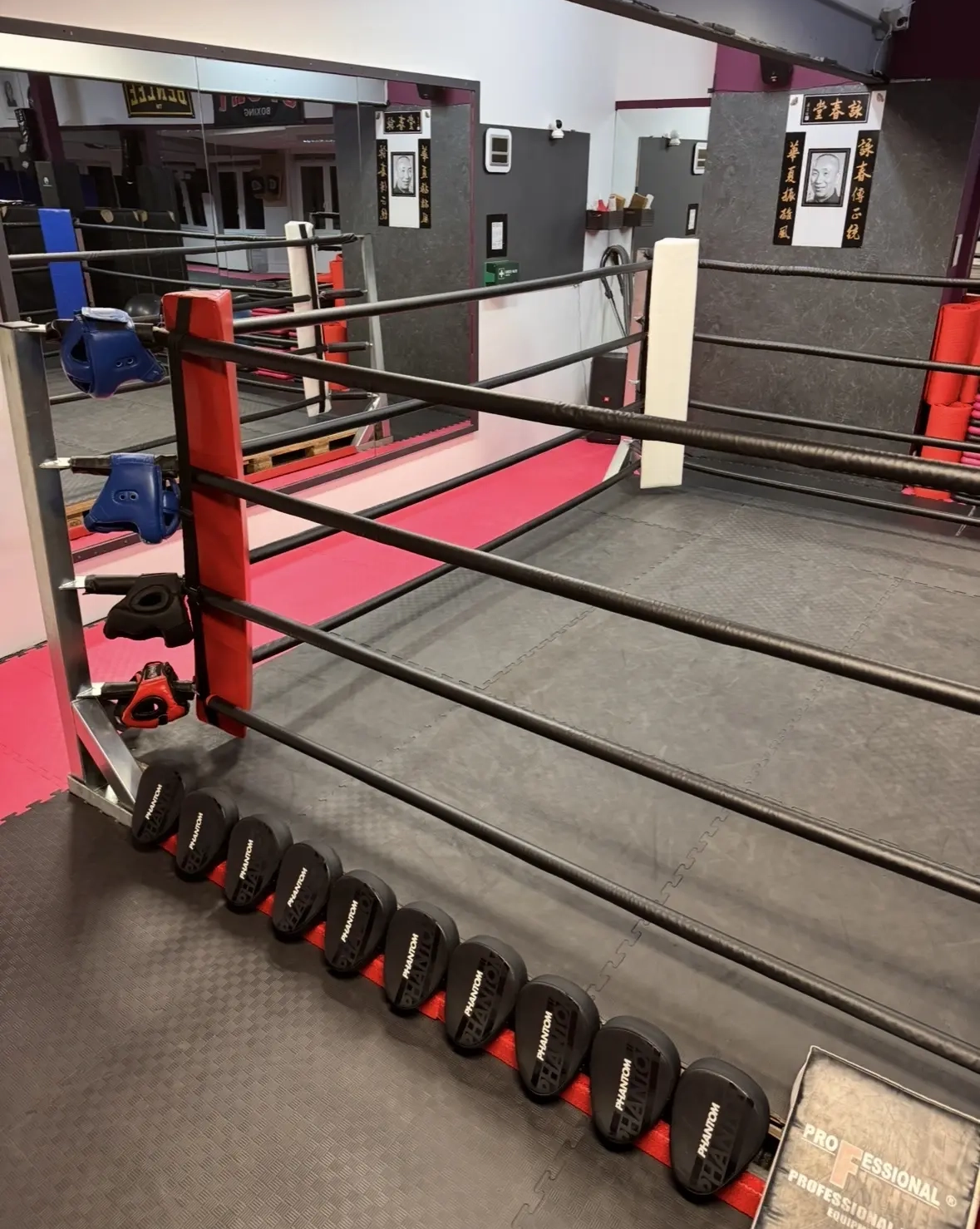 Boxring mit roten und weißen Ringen sowie einer Reihe von Gewichten auf dem Boden in der Kampfkunstakademie Hamm.