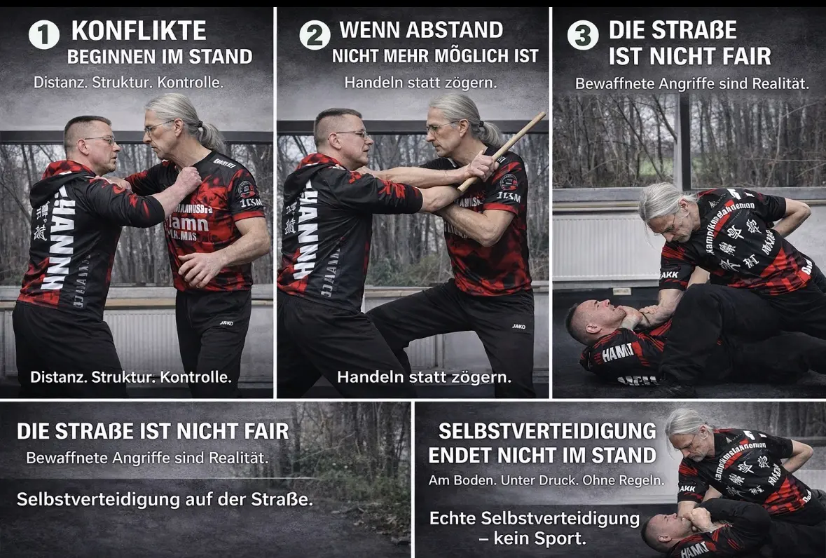 Zwei Kampfsportler in einem Standkampf, die verschiedene Techniken und Strategien zur Selbstverteidigung demonstrieren.