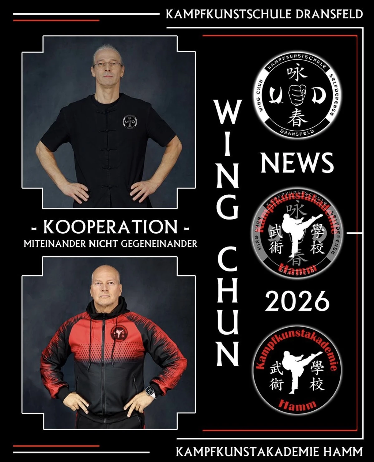 Zwei Männer in Wing Chun Trainingskleidung, einer in schwarzem Shirt und der andere in rotem Trainingsanzug, mit Logos der Kampfkunstschule.