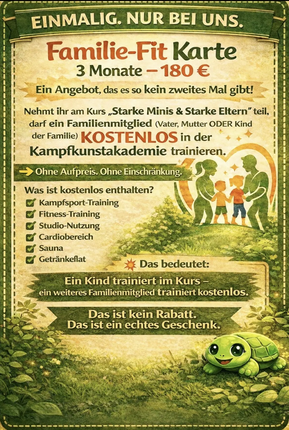 Familie-Fit Karte für 3 Monate zum Preis von 180 €, inklusive kostenloses Training für ein Kind in der Kampfkunstakademie Hamm.