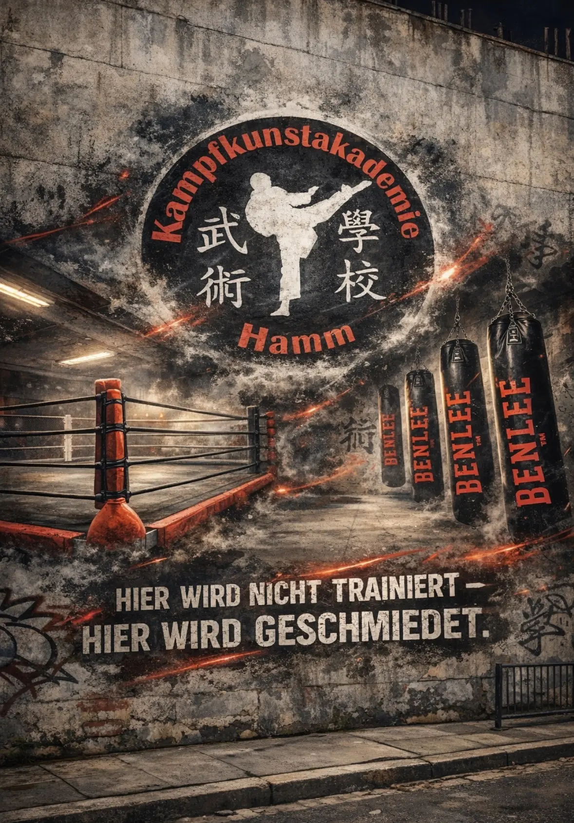 Wandmalerei der Kampfkunstakademie Hamm mit einem Kampfsportler und Boxsäcken, begleitet von einem Spruch über das Training.