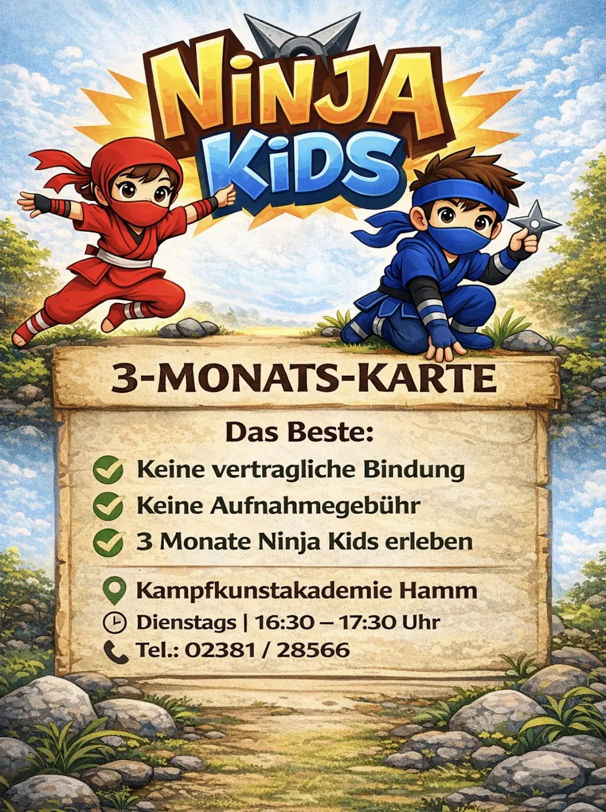 Grafik mit dem Titel 'Ninja Kids', die eine 3-Monats-Karte für Kinder-Kampfsport zeigt, mit Informationen zu Bindung und Kurszeiten.