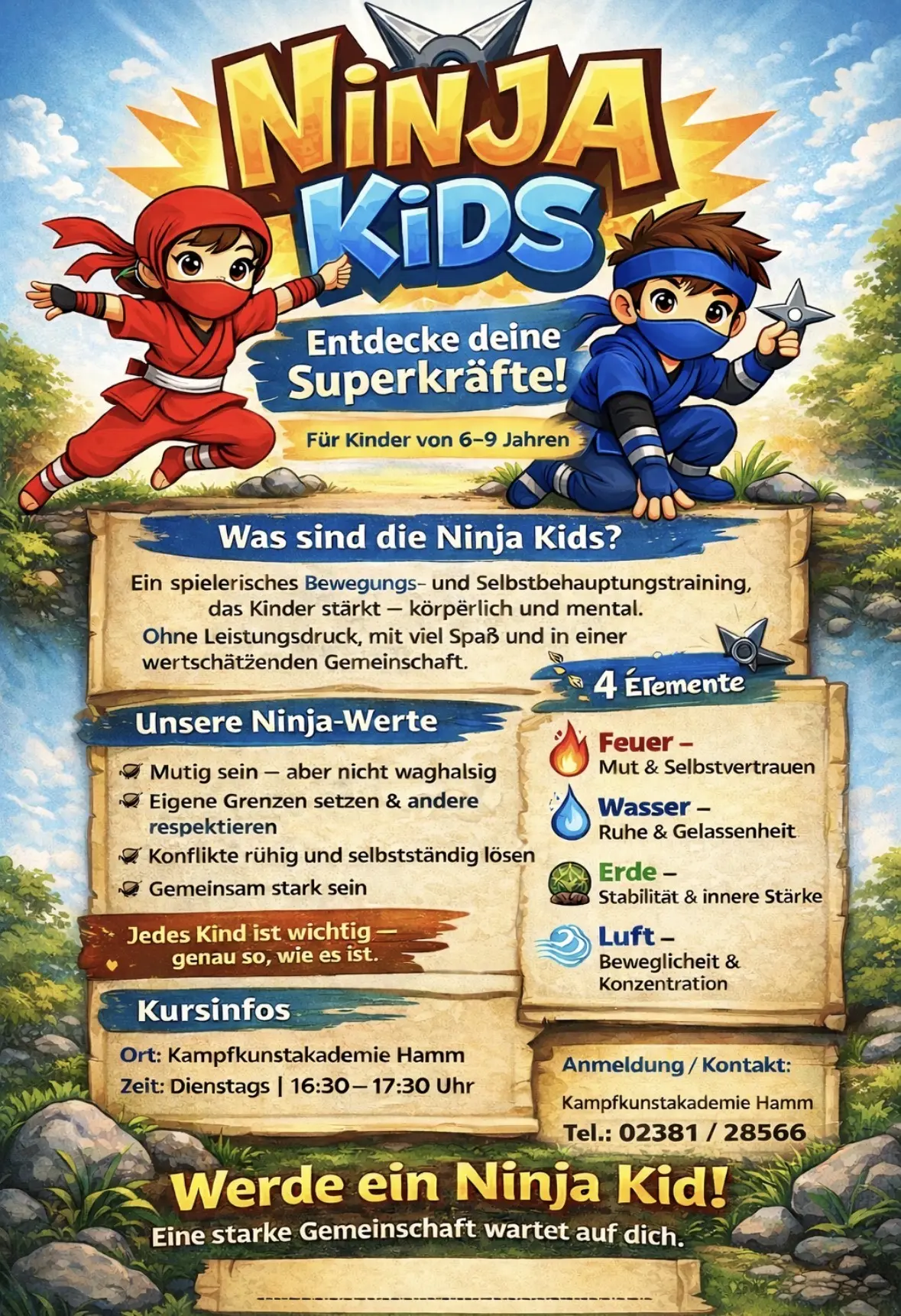 Grafik mit zwei Ninja-Kindern in blauer und roter Kleidung, die spielerisch ihre Superkräfte entdecken. Informationen zu Ninja-Werten und Kurszeiten.