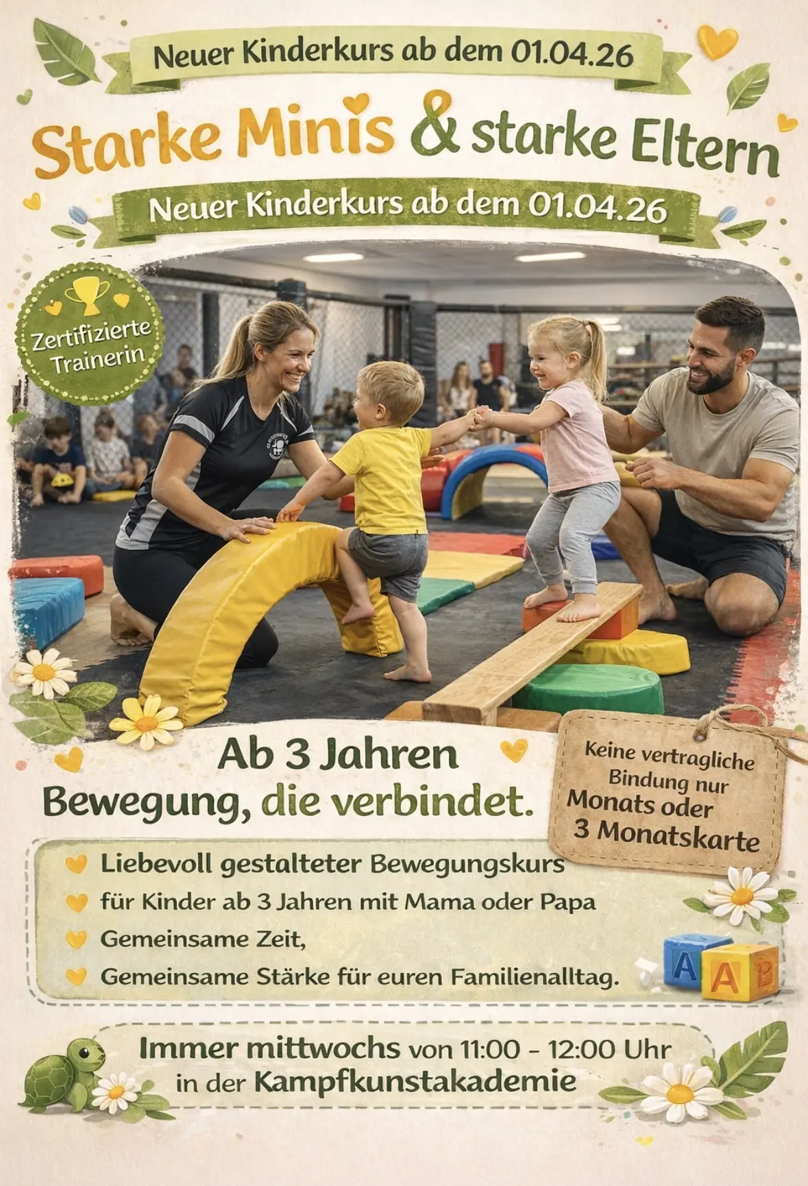 Kinderkurs 'Starke Minis & starke Eltern' in der Kampfkunstakademie Hamm mit zertifizierten Trainern und Bewegungsangeboten für Kinder ab 3 Jahren.