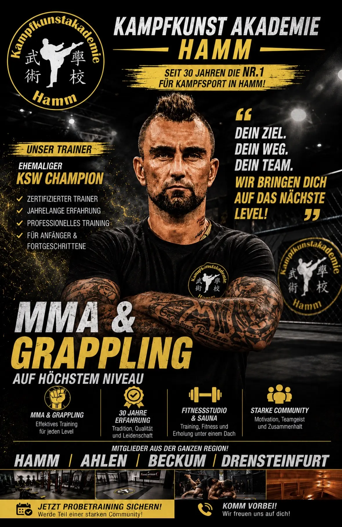 Ein MMA- und Grappling-Trainer der Kampfkunstakademie Hamm steht vor dem Akademie-Logo und wirbt für Kampfsporttraining.