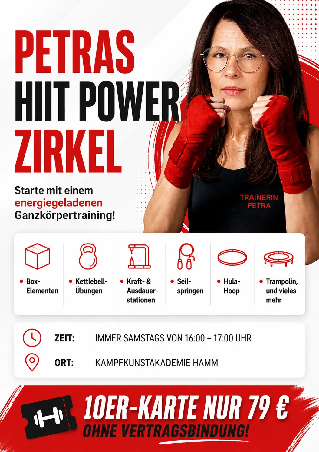 petras-hiit-power-zirkel-2 Petra im schwarzen Trainingsshirt mit roten Boxhandschuhen beim HIT Power Zirkel der Kampfkunstakademie Hamm