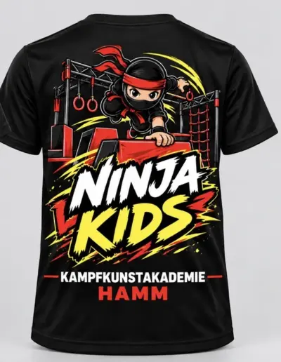 Ein Ninja-Kind klettert über Hindernisse; der Shirtaufdruck nennt Ninja Kids und die Kampfkunstakademie Hamm.