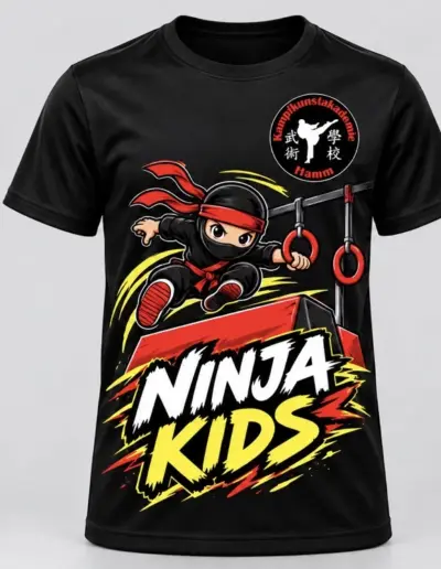 Ein schwarzes Shirt zeigt einen springenden Ninja mit rotem Stirnband und den Schriftzug „NINJA KIDS“.