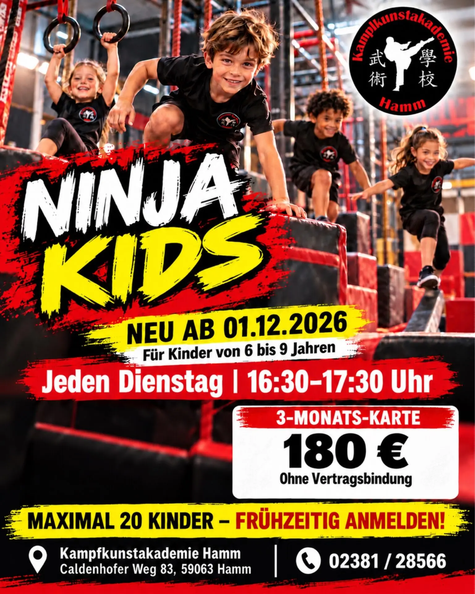Kinder trainieren an Ringen und Hindernissen beim Ninja-Kids-Angebot der Kampfkunstakademie Hamm ab 1. Dezember 2026.